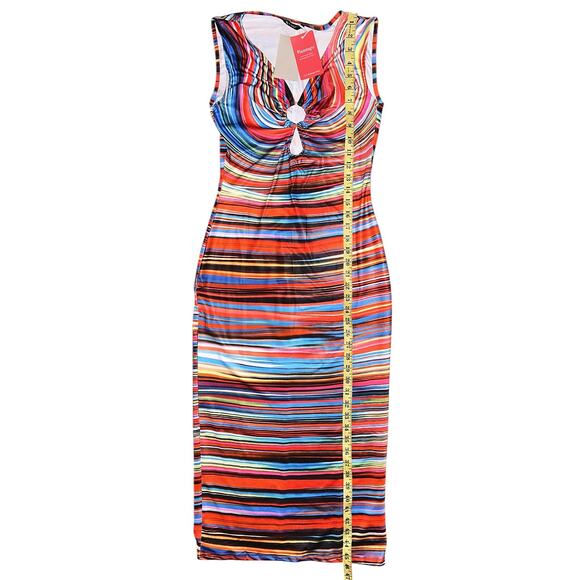 NWT Flamingo Striped Ring Linked Hollow Out Stretch Midi Dress Women's Small - Picture 4 of 9